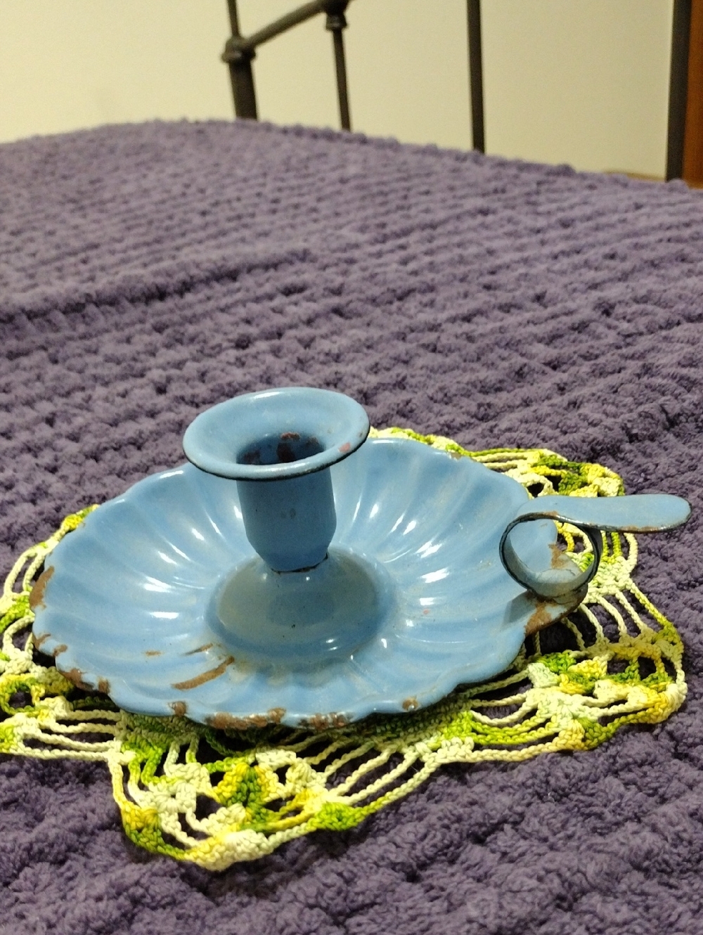 Light Blue Enamel Chamberstick Candle Holder 50 Years Old